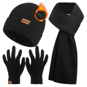 3PCS Winter Beanie Hat Scarf Touchscreen Gloves Set for Men and Women Knitted Fleece Lined Hats Thermal Gloves Long Scarf(Black)